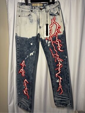 Demolition Skinny Acid-Wash Jeans with Red Applique